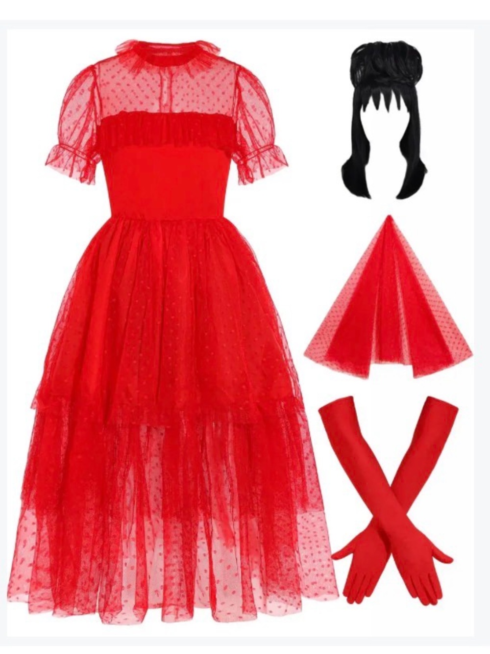 4Pcs Gothic Bride Costume Tulle Dress Wig Veil Gloves for Women Halloween XL